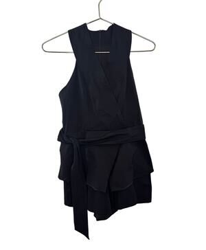Askari Black Wrap It Up Playsuit Romper Stretch V-Neck Tie-Waist Back Zip Sz S
